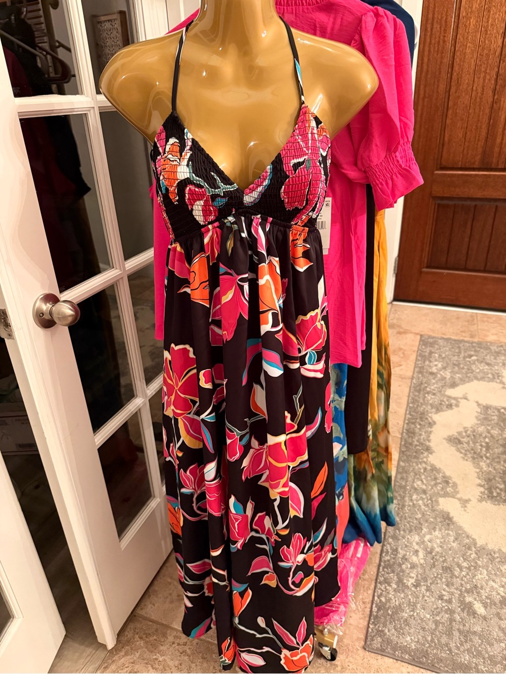 Invitée Small Floral Halter Maxi Dress - Black with Pink & Orange